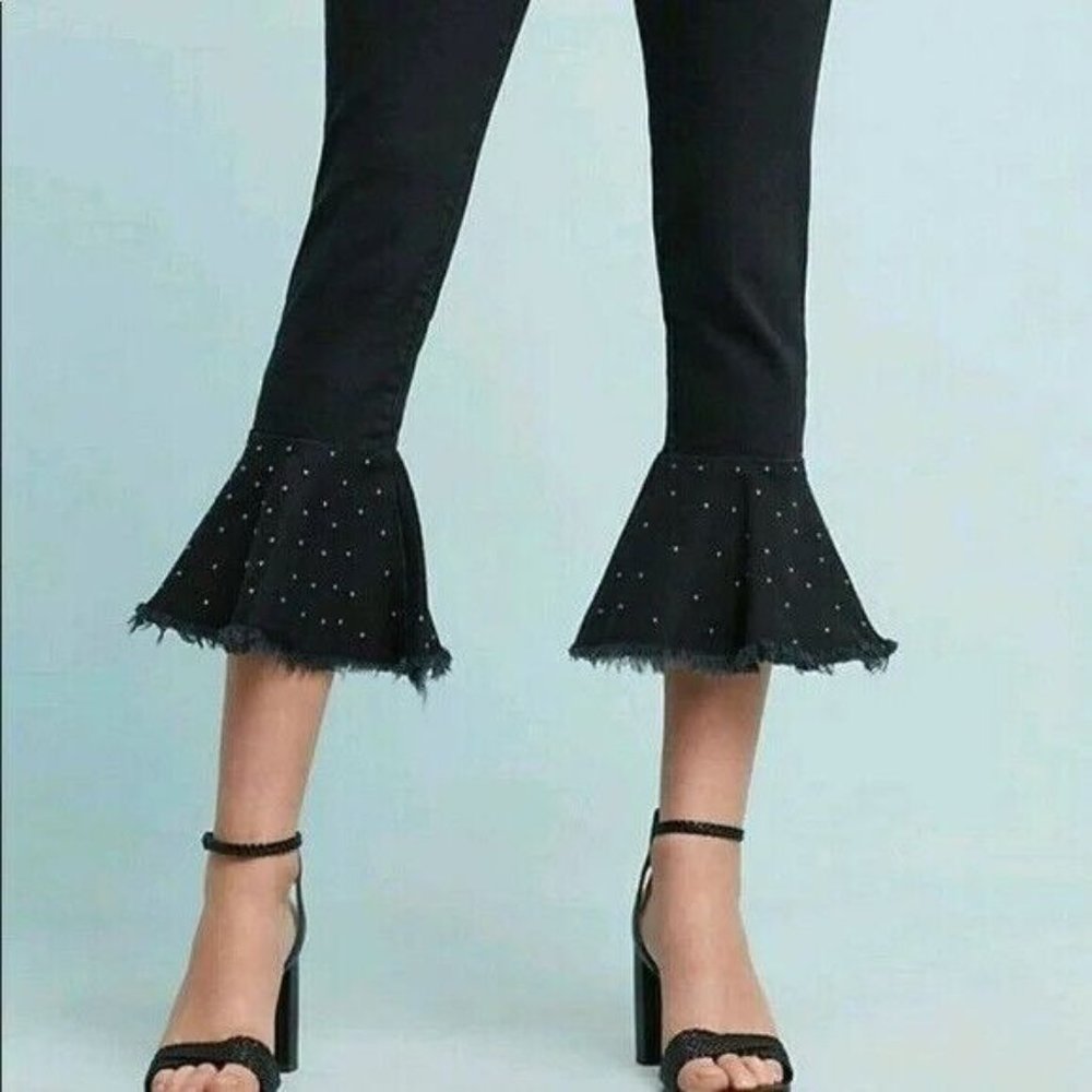 Pilcro & The Letterpress Women's Black Studded Flared Hem Cropped Jeans Size 26 - Picture 6 of 11